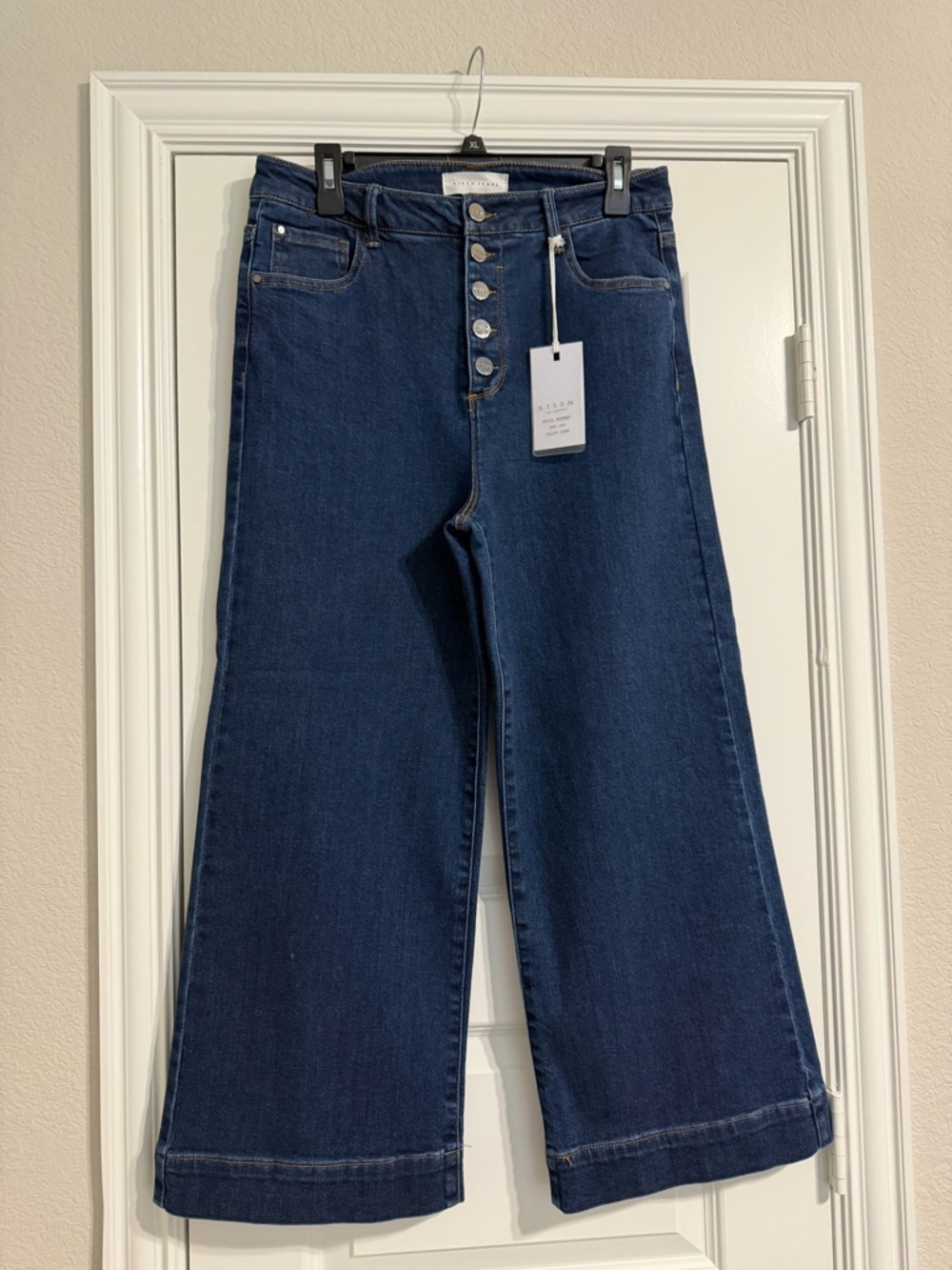 Risen Button-Fly High-Rise Wide Leg crop Jeans in Dark Blue NWT